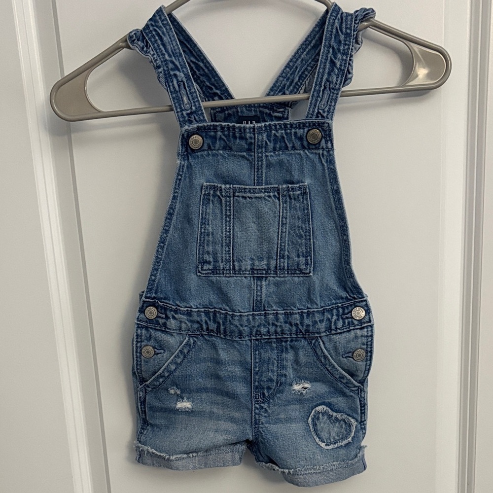 GAP Blue Denim Short Overalls with Heart Patch